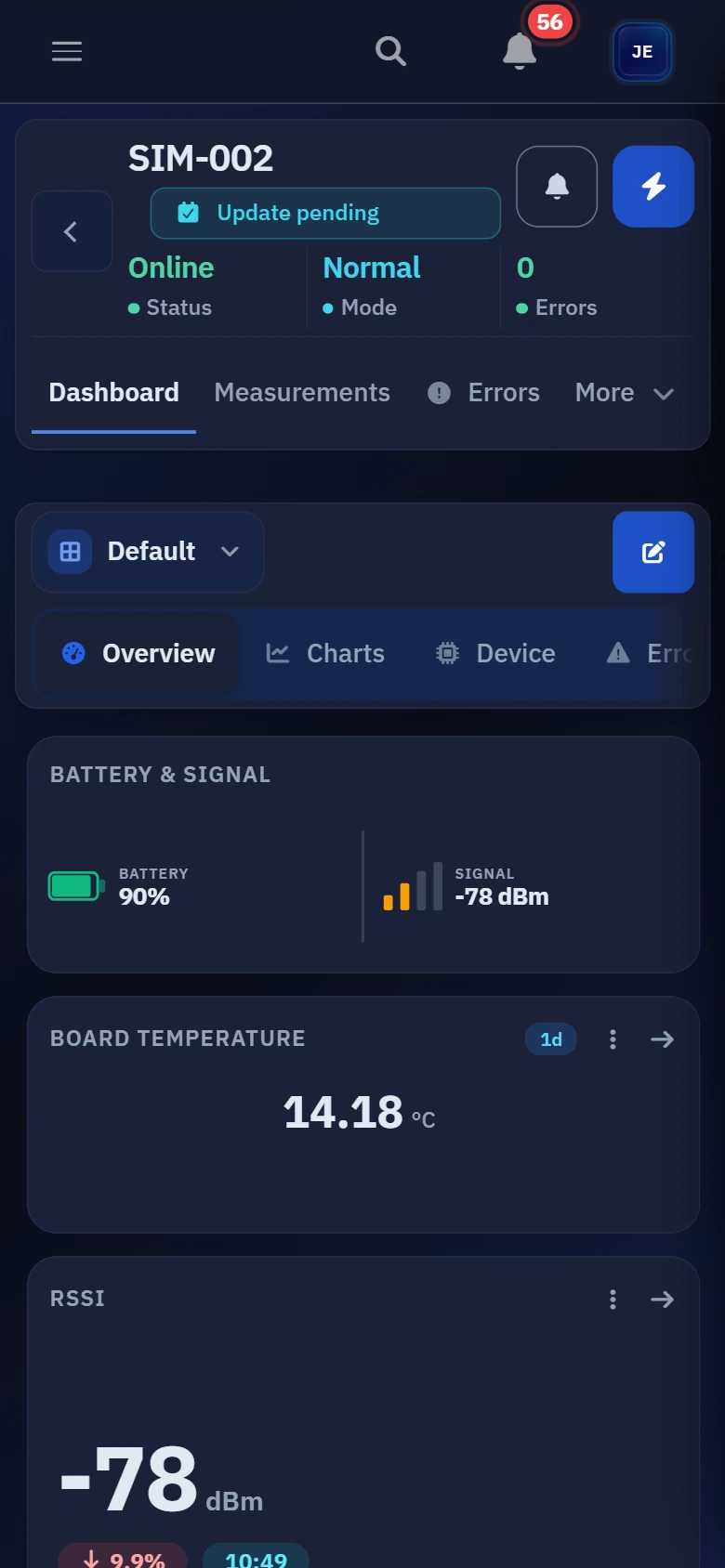 Concloud mobile dashboard for demo device SIM-002, showing its online status, battery and temperature